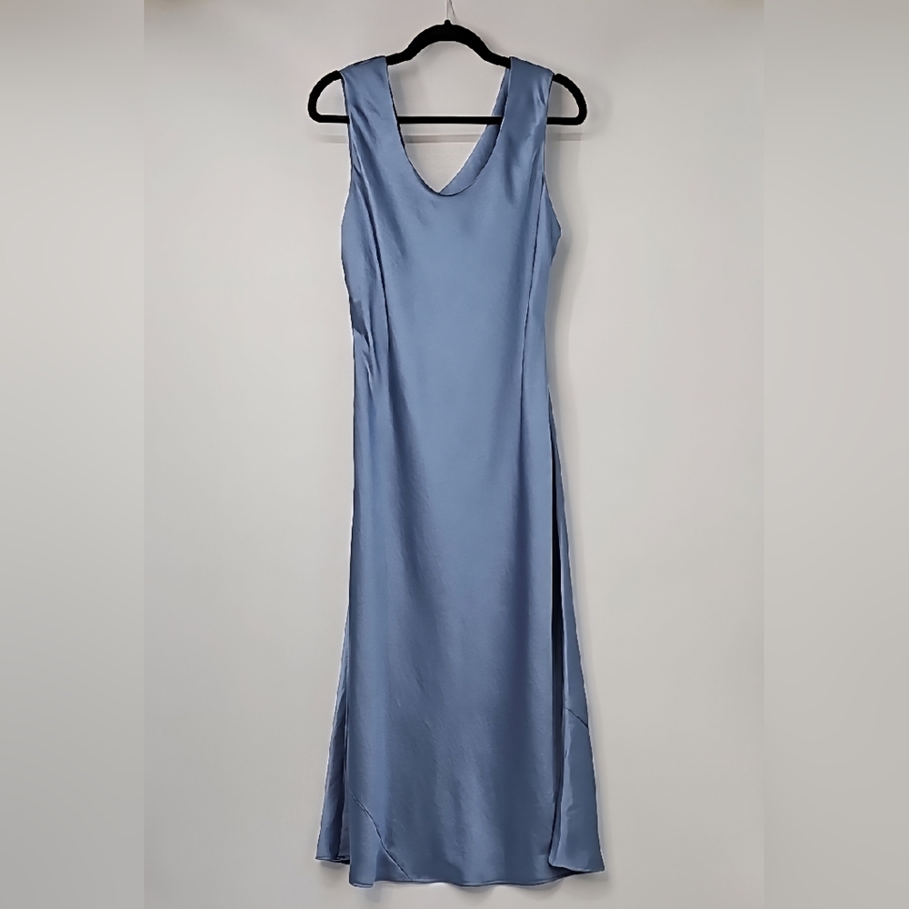 WHBM Sophisticated Feminine Satiny Blue‎ Midi Dress w Rusched Back Detail